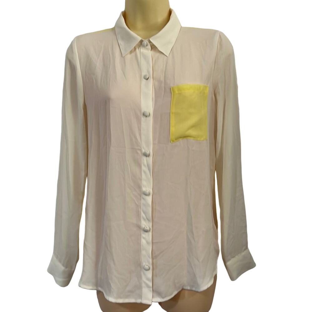 Forever 21 White & Yellow Sheer Blouse Junior Size Small Long Sleeve Button Up